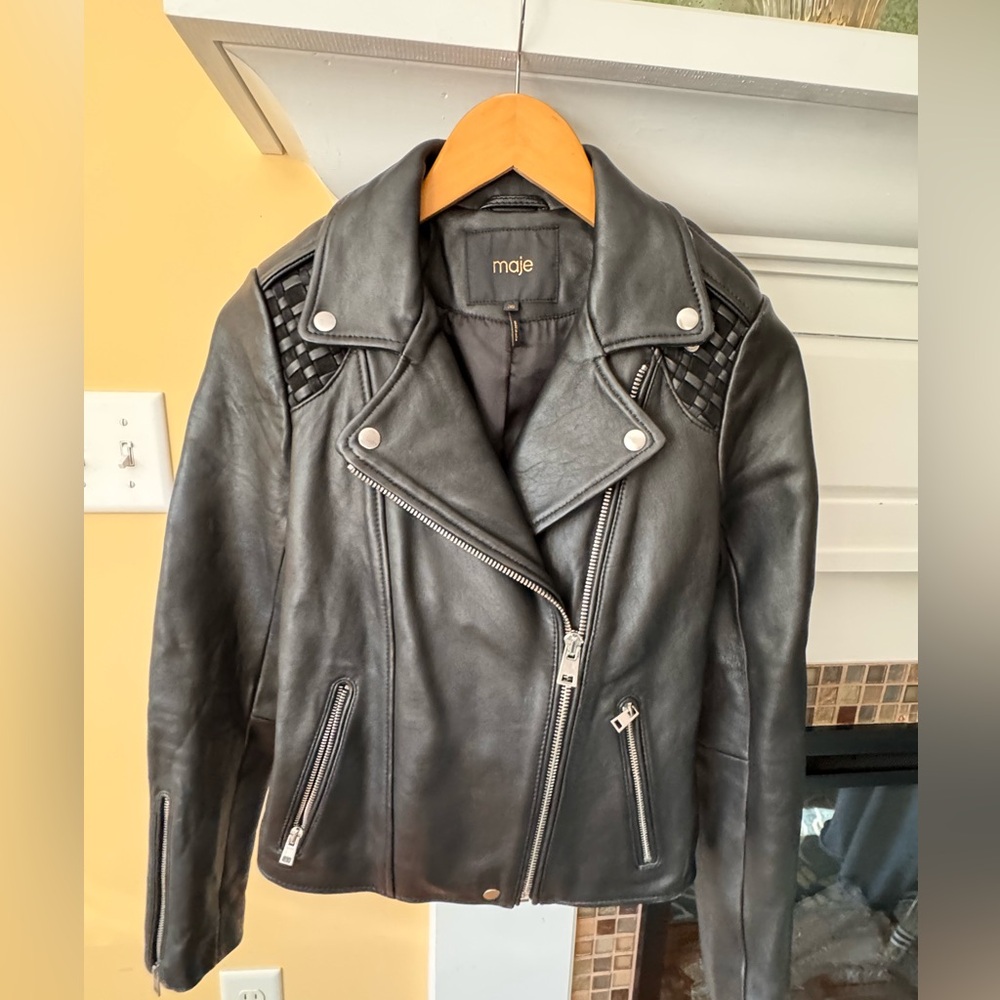 Maje Women’s Leather Moto Jacket Size 36 / XS - S Black Zip Luxury Paris